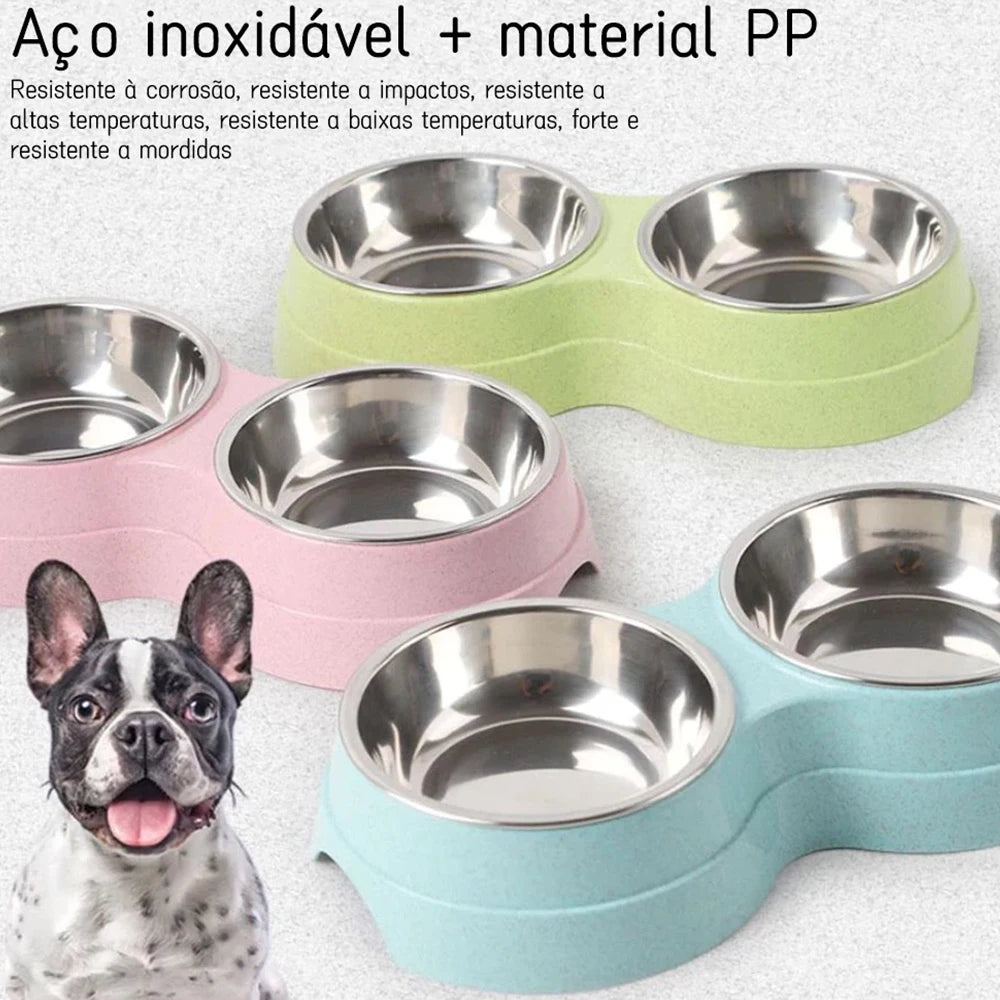 Comedouro e Bebedouro Duplo em Aço Inoxidável para Cães e Gatos - Base Antiderrapante