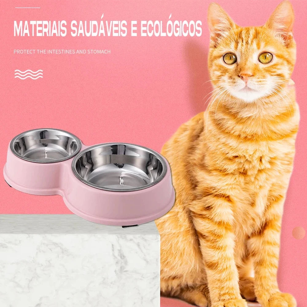 Comedouro e Bebedouro Duplo em Aço Inoxidável para Cães e Gatos - Base Antiderrapante