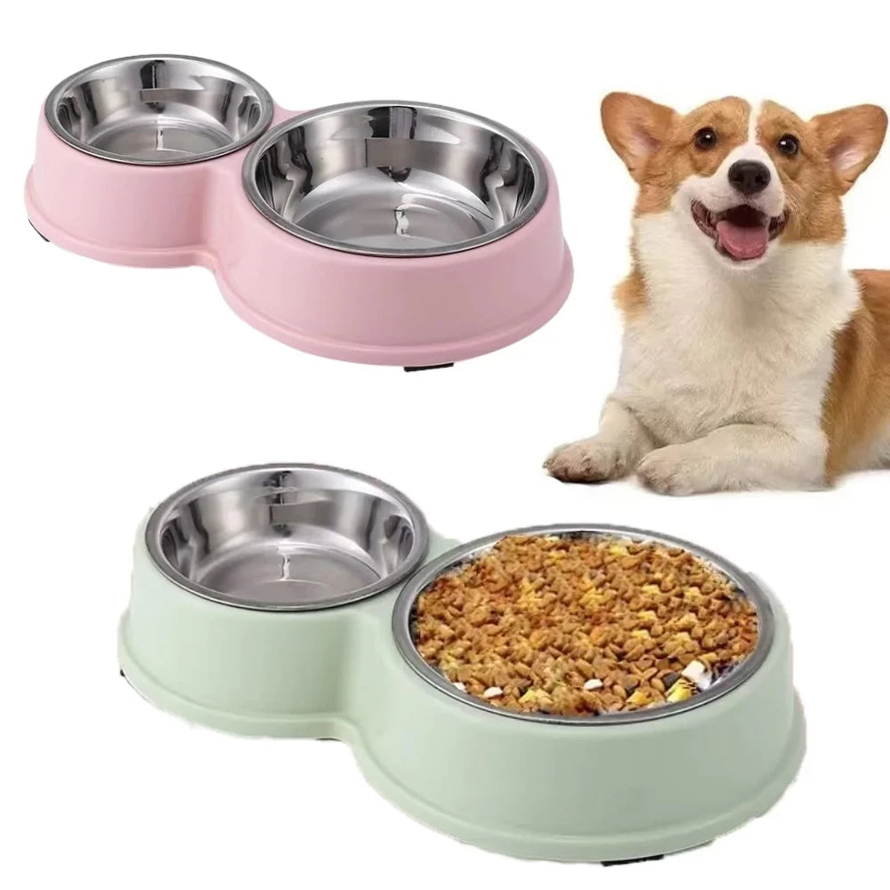 Comedouro e Bebedouro Duplo em Aço Inoxidável para Cães e Gatos - Base Antiderrapante