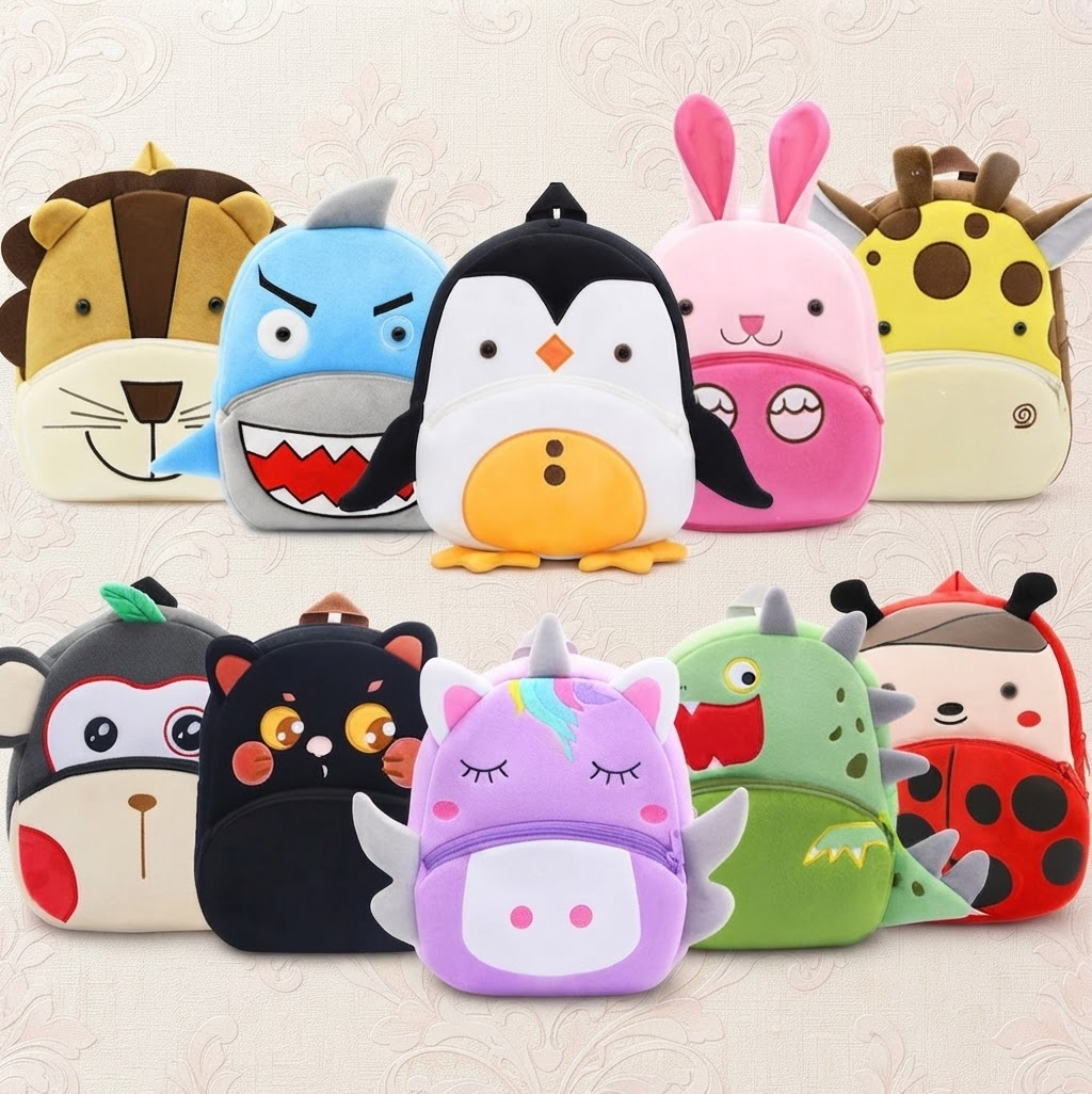 Mochila Infantil de Pelúcia com Estampa de Bichinhos