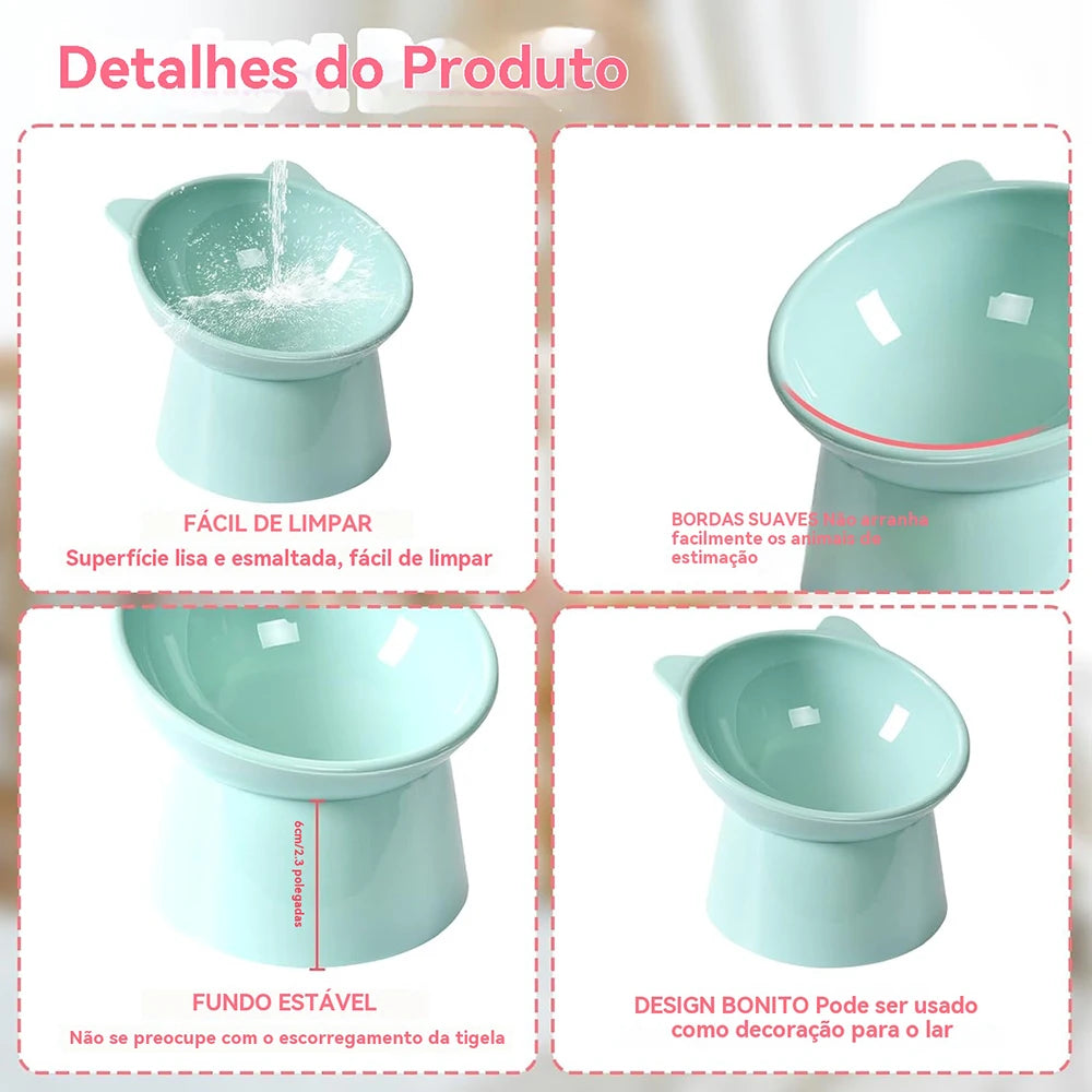 Tigela Dupla para Gatos e Cães em Plástico, Base Elevada Inclinada, Formato Orelha de Gato