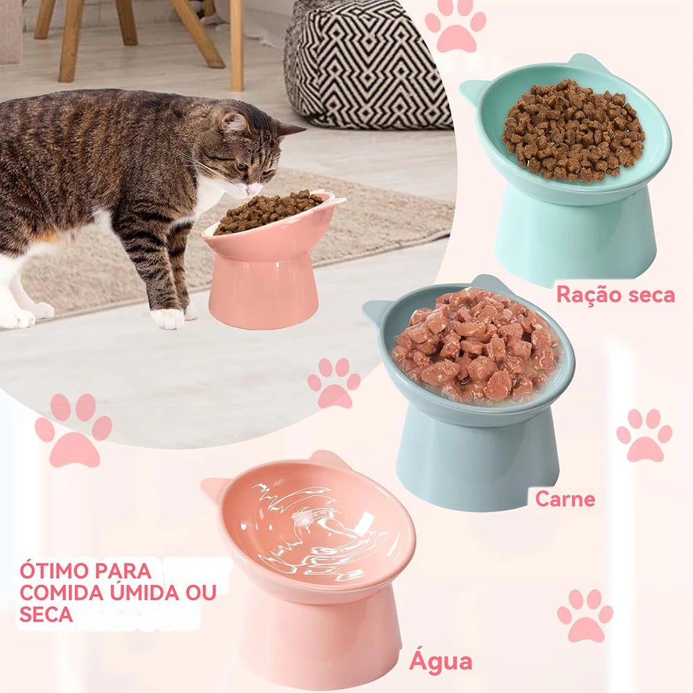 Tigela Dupla para Gatos e Cães em Plástico, Base Elevada Inclinada, Formato Orelha de Gato