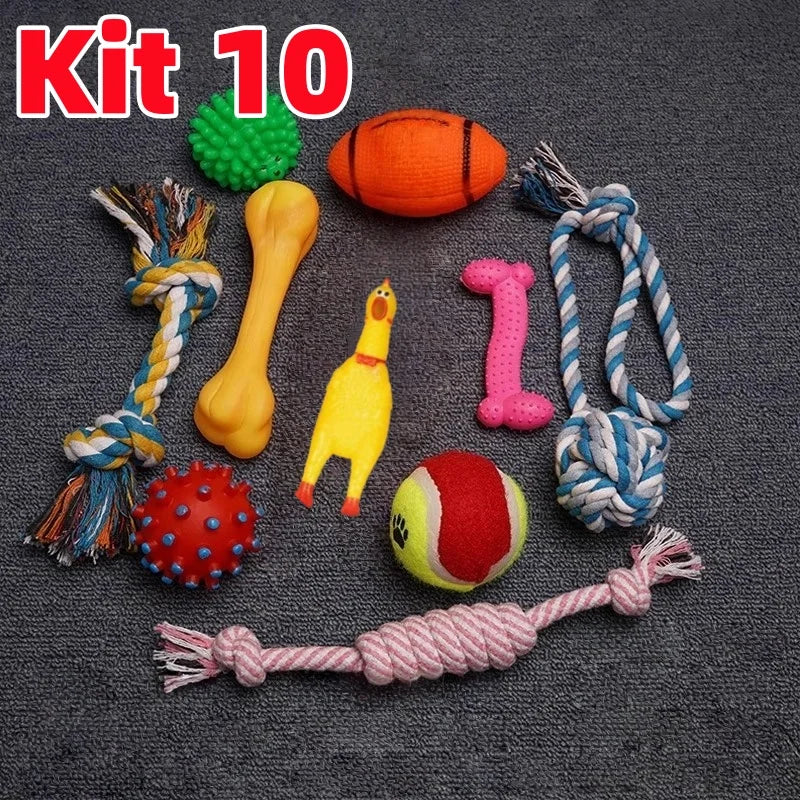 Kit de Brinquedos Interativos para Cães - 6 ou 10 Peças, com Som, Corda e Mordedores