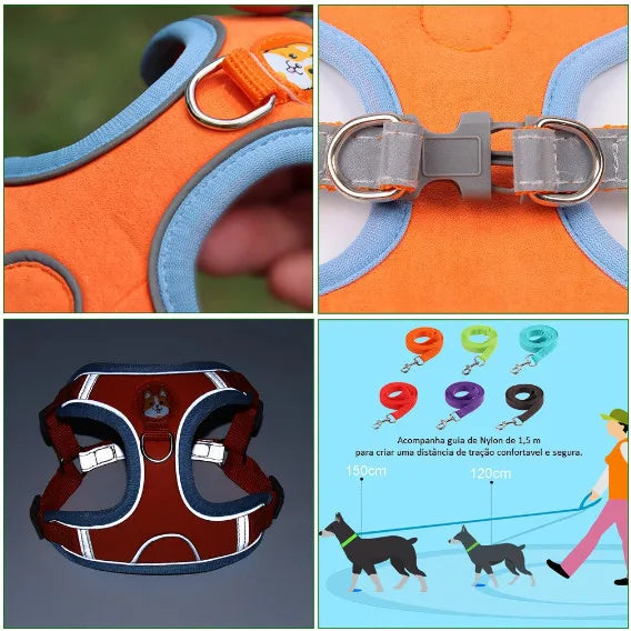 Coleira Peitoral Ajustável Para Cães Gatos, Passeio Confortável, Material Nylon Ergonômico Seguro