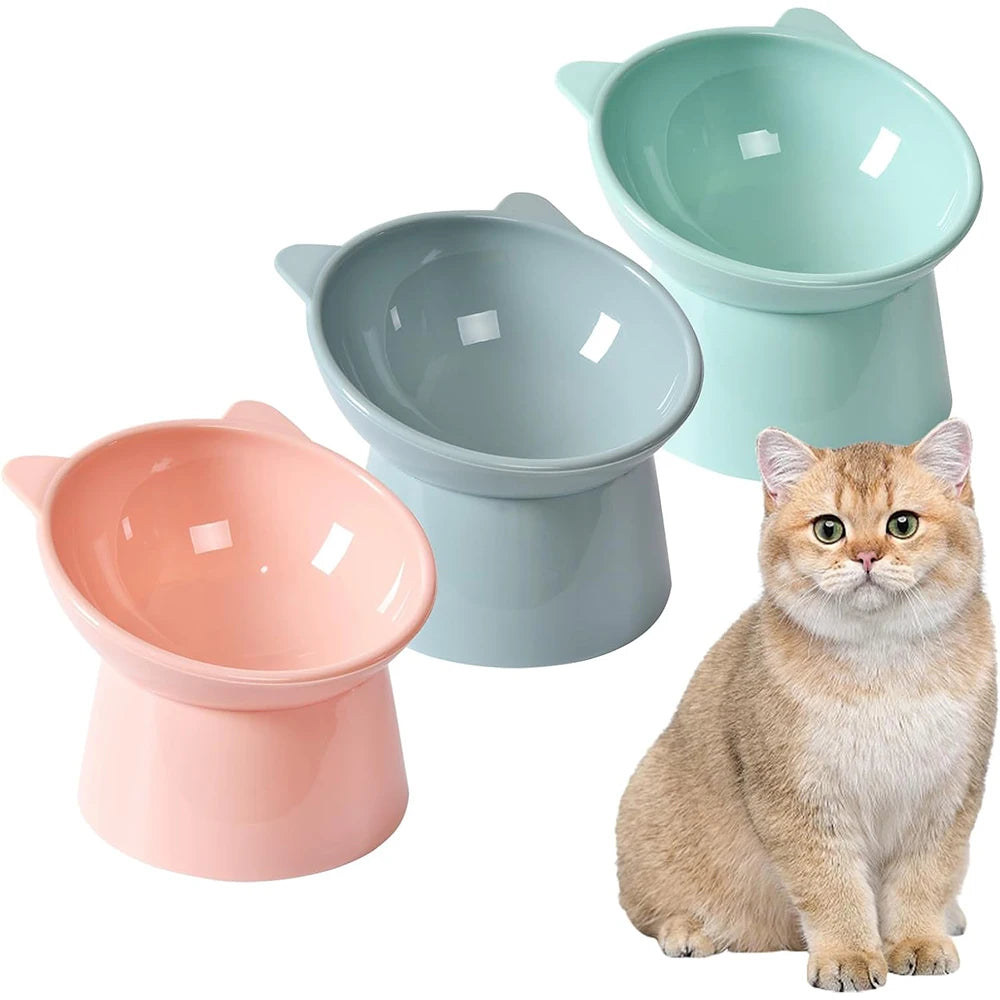 Tigela Dupla para Gatos e Cães em Plástico, Base Elevada Inclinada, Formato Orelha de Gato