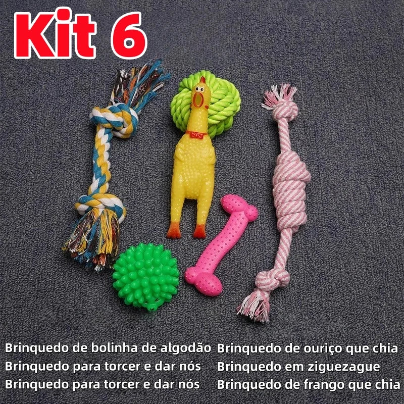 Kit de Brinquedos Interativos para Cães - 6 ou 10 Peças, com Som, Corda e Mordedores