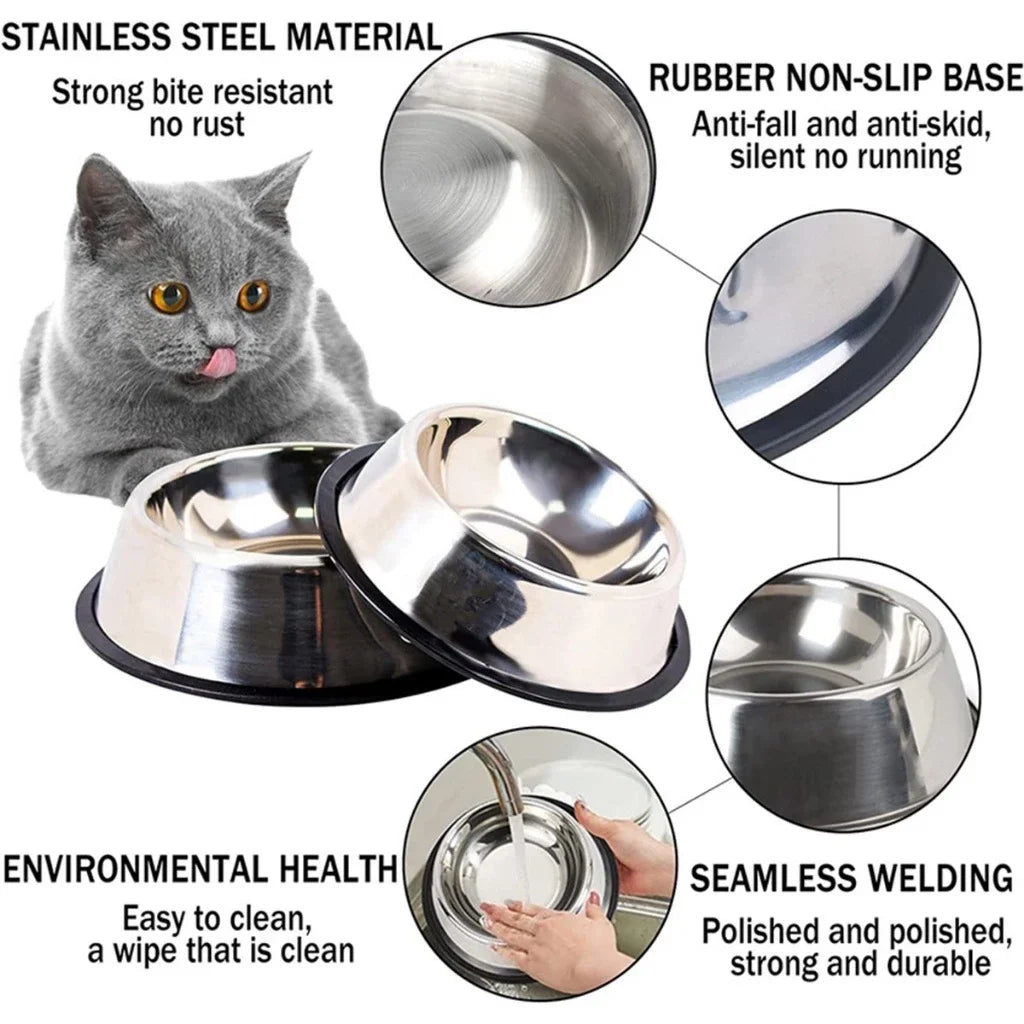 Comedouro Antiderrapante em Aço Inoxidável para Cães, Gatos e Coelhos - 5 Tamanhos