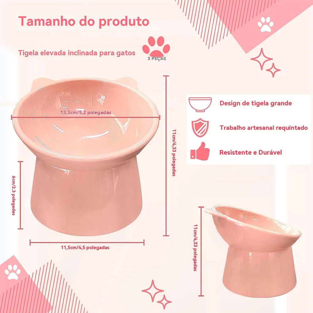 Tigela Dupla para Gatos e Cães em Plástico, Base Elevada Inclinada, Formato Orelha de Gato
