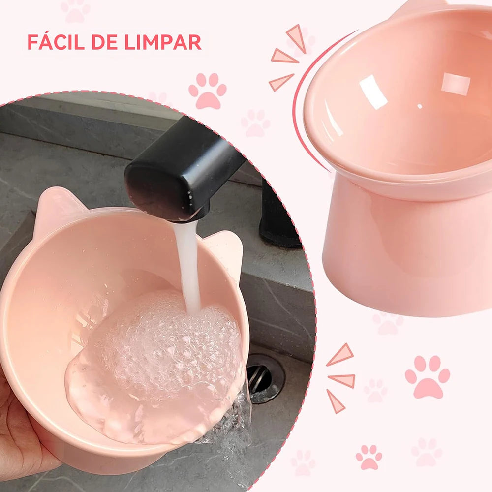 Tigela Dupla para Gatos e Cães em Plástico, Base Elevada Inclinada, Formato Orelha de Gato