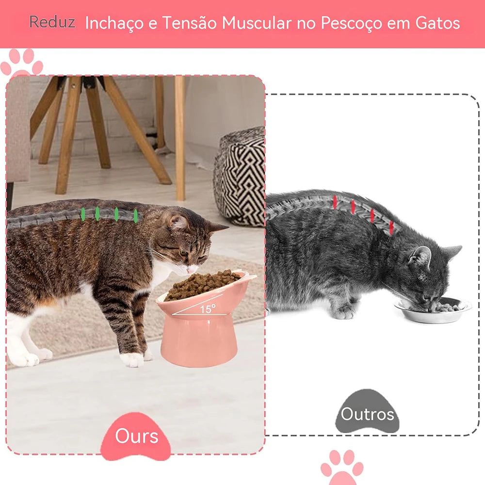 Tigela Dupla para Gatos e Cães em Plástico, Base Elevada Inclinada, Formato Orelha de Gato